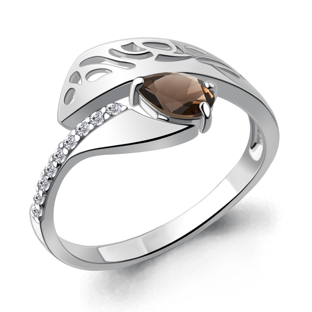 6692801А Кольцо из Серебра с кварцем дымчатым, фианитами