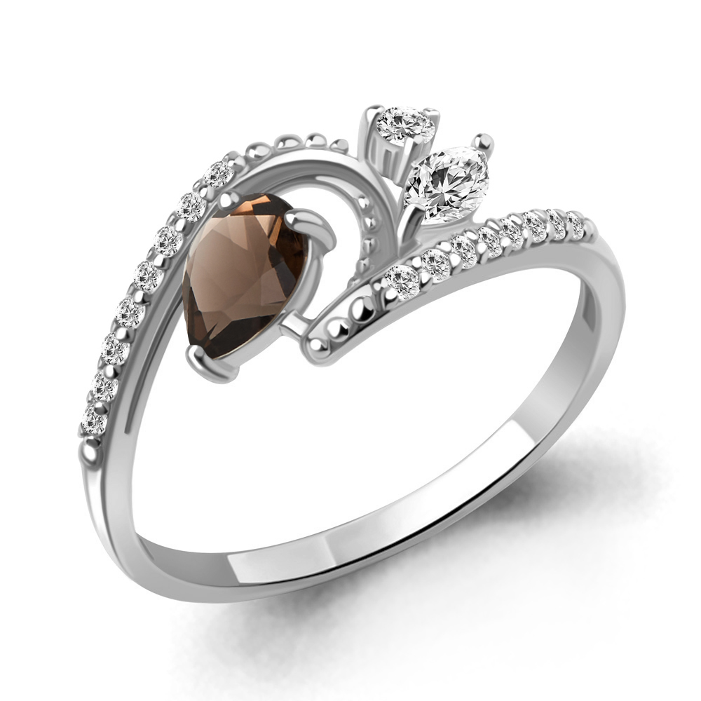 6693001А Кольцо из Серебра с кварцем дымчатым, фианитами