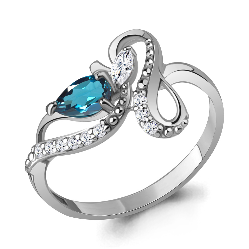 6693208А Кольцо из Серебра с топазом лондон блю, фианитами