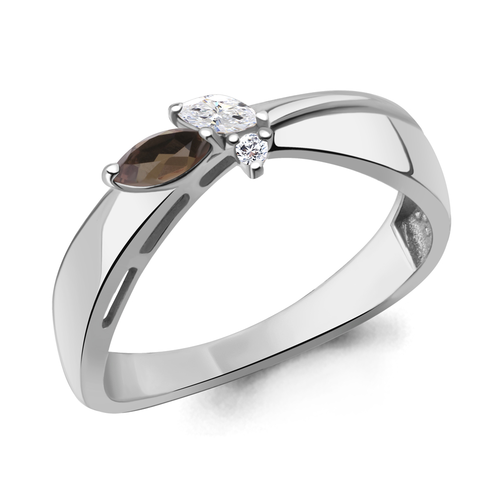 6695801А Кольцо из Серебра с кварцем дымчатым, фианитами