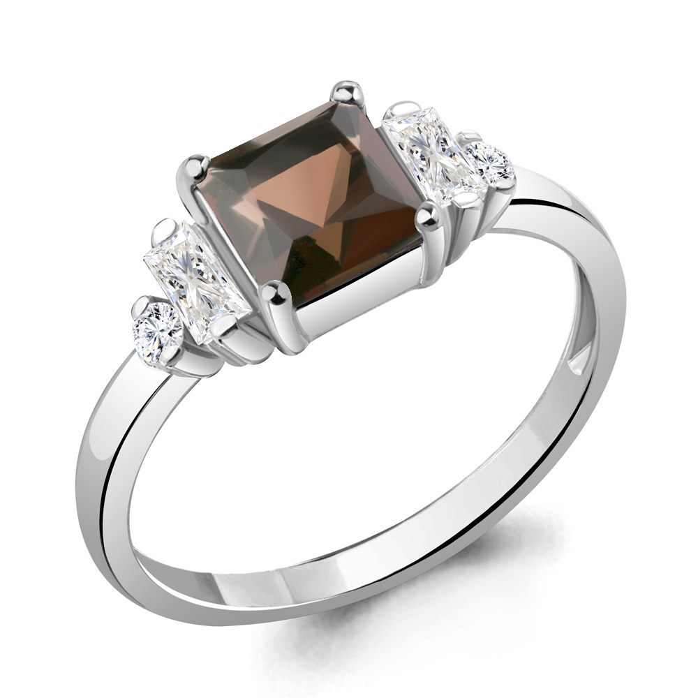 6726701А Кольцо из Серебра с кварцем дымчатым, фианитами