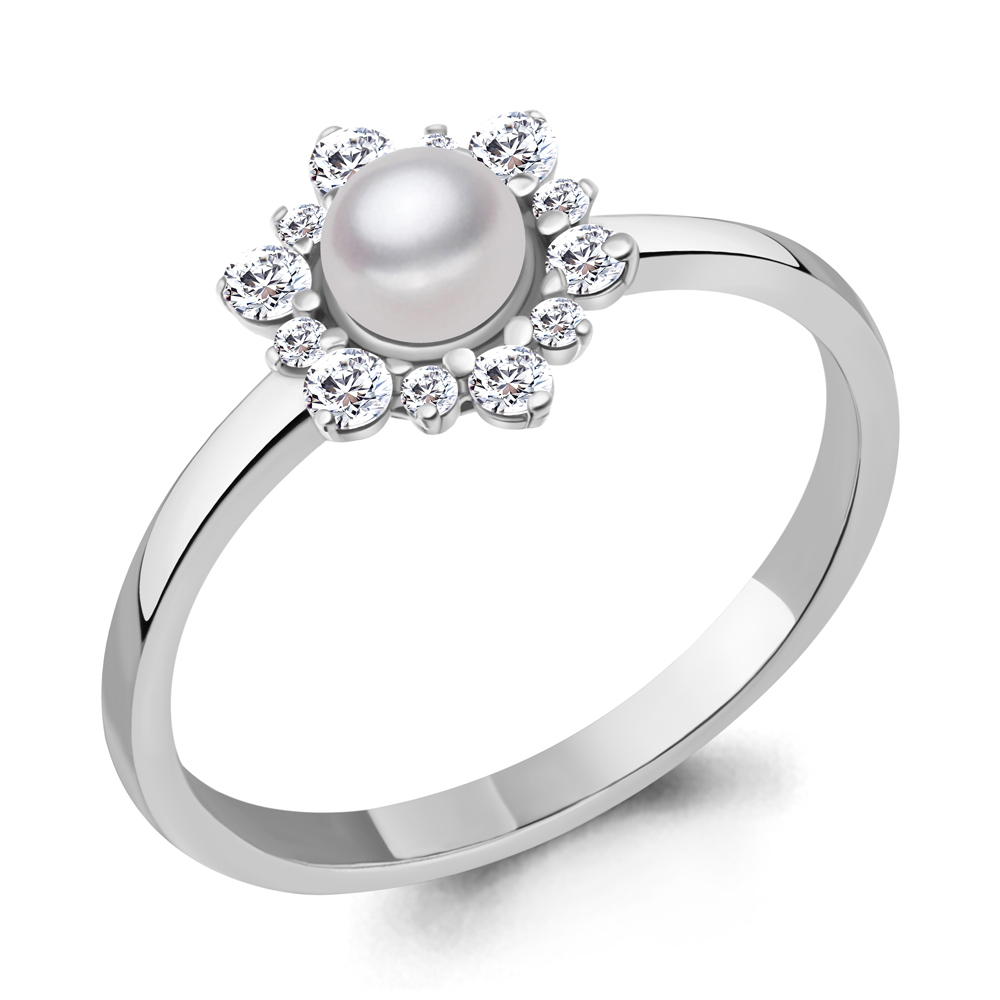 67348А Кольцо из Серебра с культ. жемчугом  аа, фианитами