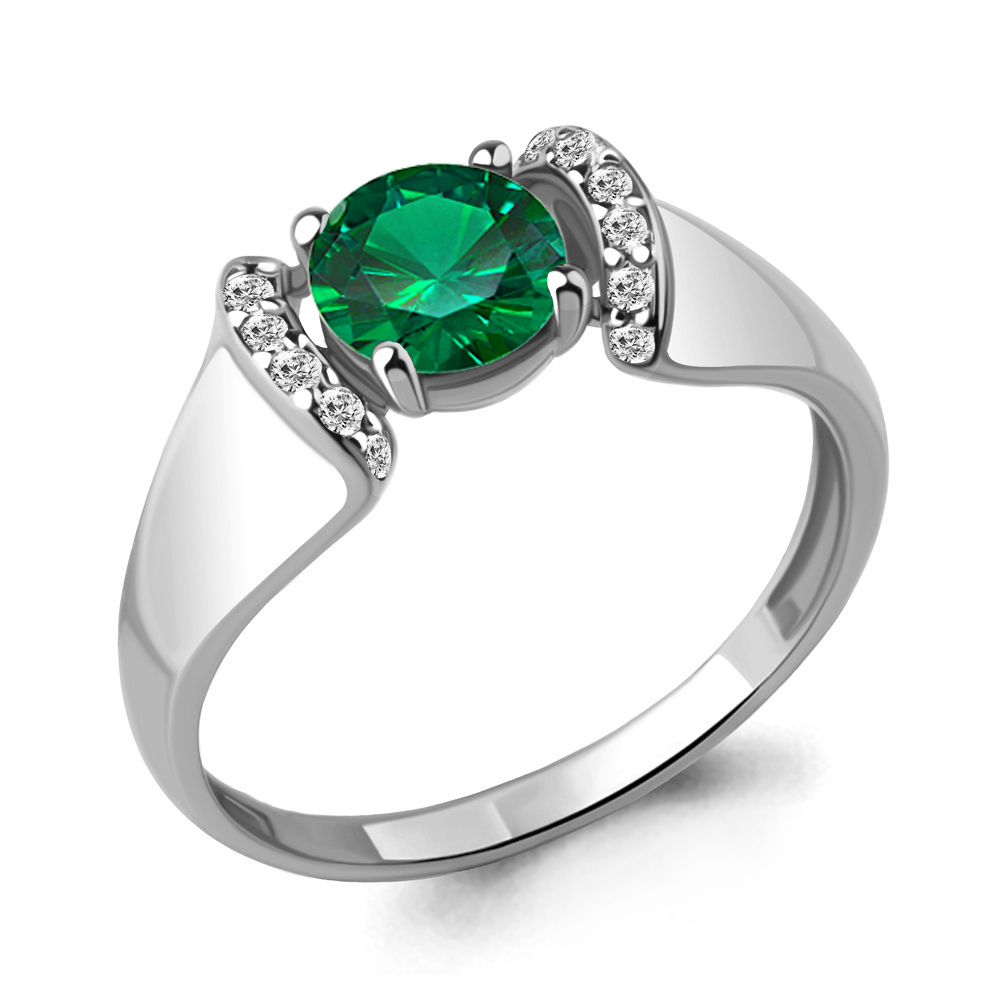 67405АГ Кольцо из Серебра с наноизумрудом, фианитами из коллекции "Клеопатра"
