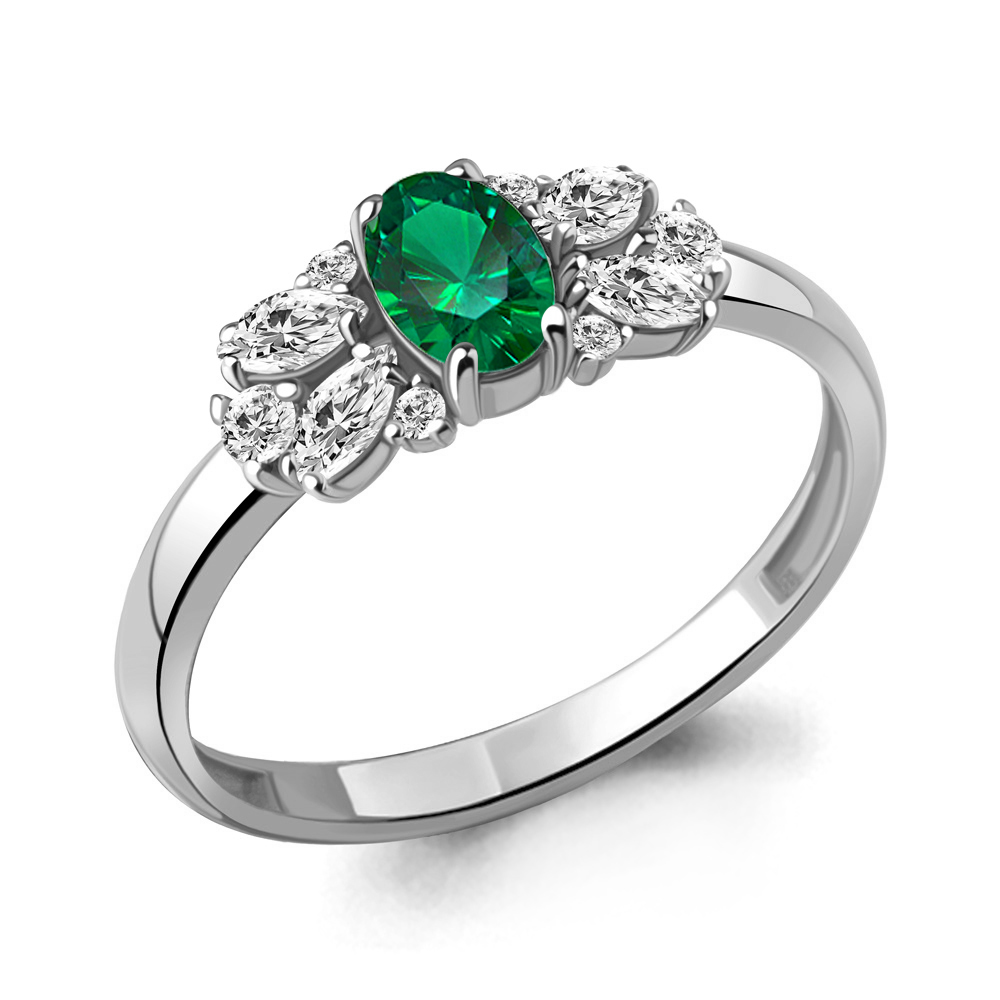 67412АГ Кольцо из Серебра с наноизумрудом, фианитами из коллекции "Клеопатра"