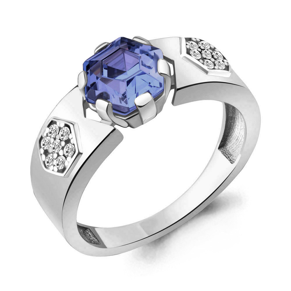 67439603А Кольцо из Серебра с нанотанзанитом иск., фианитами