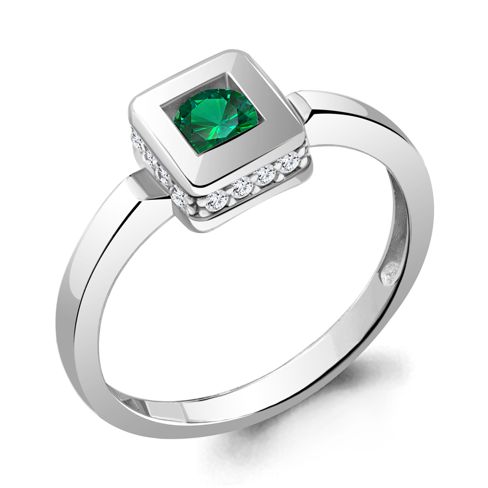 67477АГ Кольцо из Серебра с наноизумрудом, фианитами из коллекции "Клеопатра"