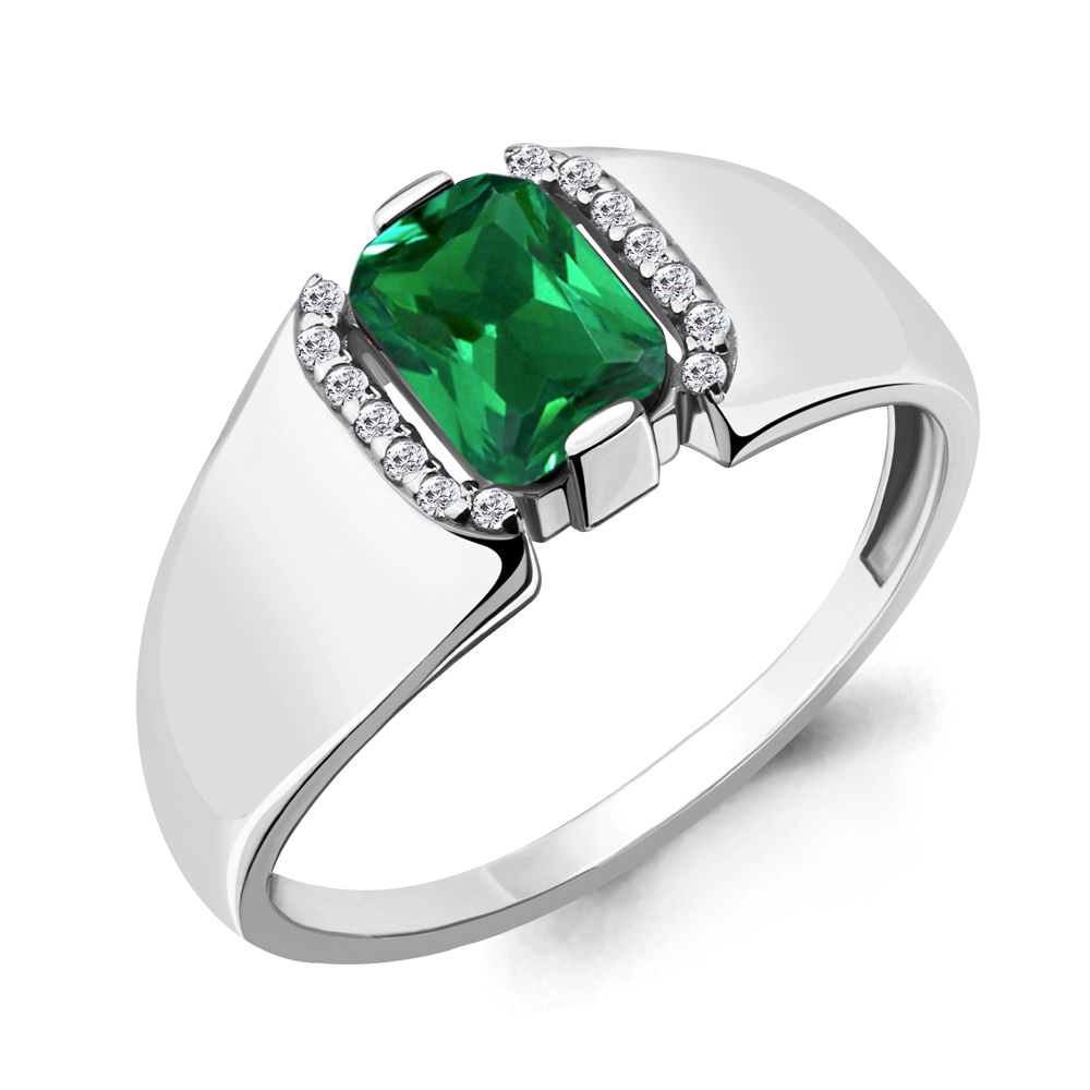 68428АГ Кольцо из Серебра с наноизумрудом, фианитами из коллекции "Клеопатра"