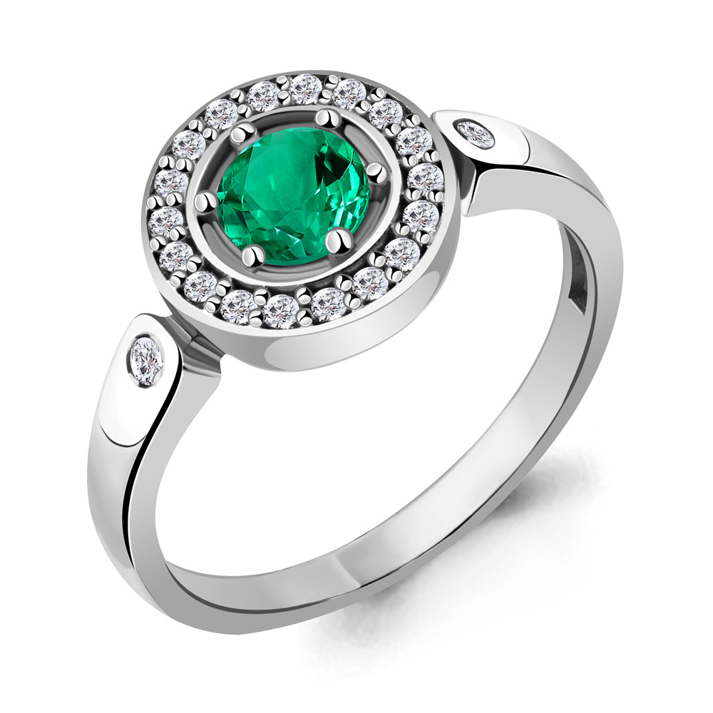 68743АГ Кольцо из Серебра с наноизумрудом, фианитами из коллекции "Клеопатра"