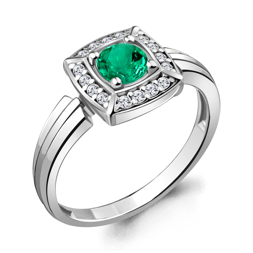 68745АГ Кольцо из Серебра с наноизумрудом, фианитами из коллекции "Клеопатра"