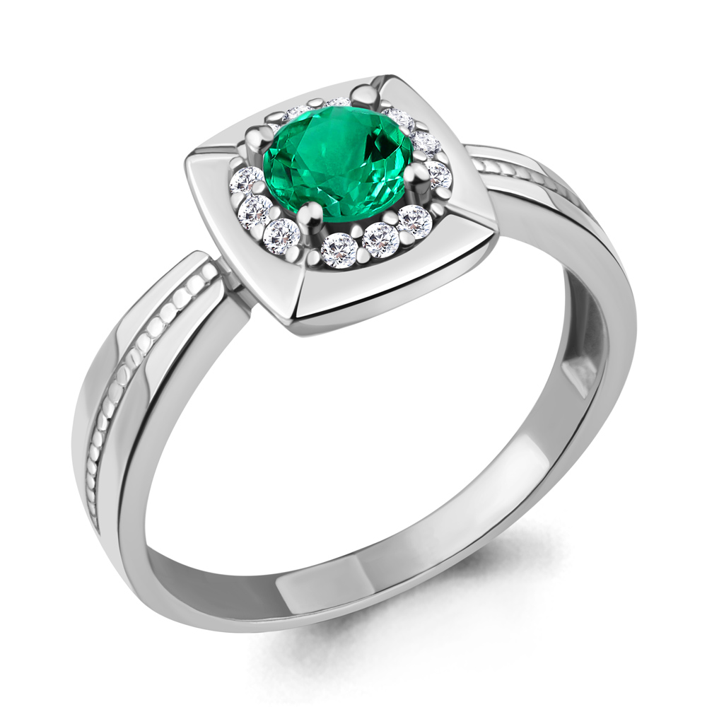 68746АГ Кольцо из Серебра с наноизумрудом, фианитами из коллекции "Клеопатра"