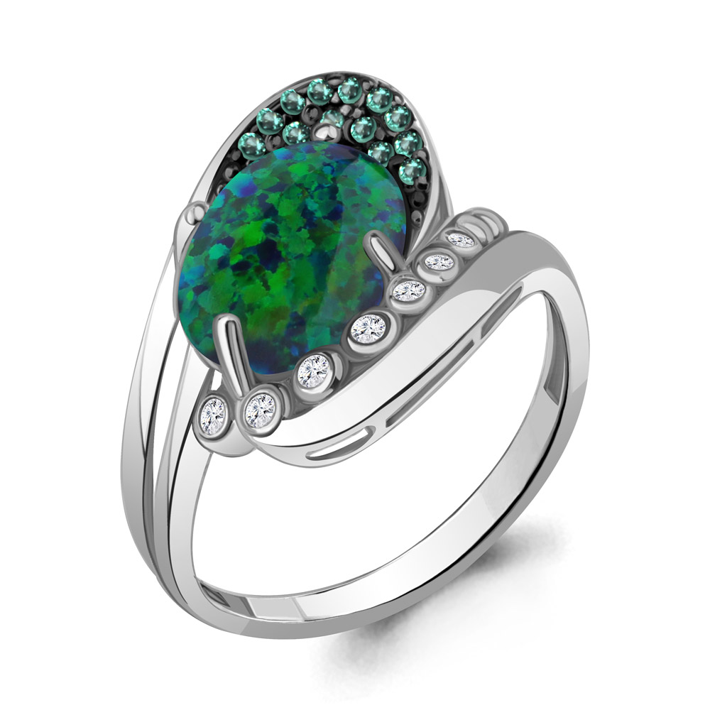 6900096Г Кольцо из Серебра с наноизумрудами, опалом иск., фианитами