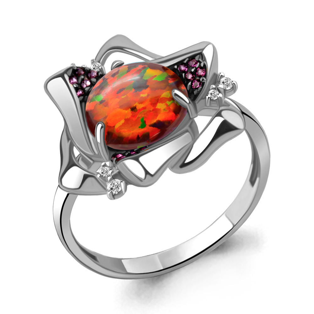 6900187В Кольцо из Серебра с нанотурмалинами, опалом иск., фианитами