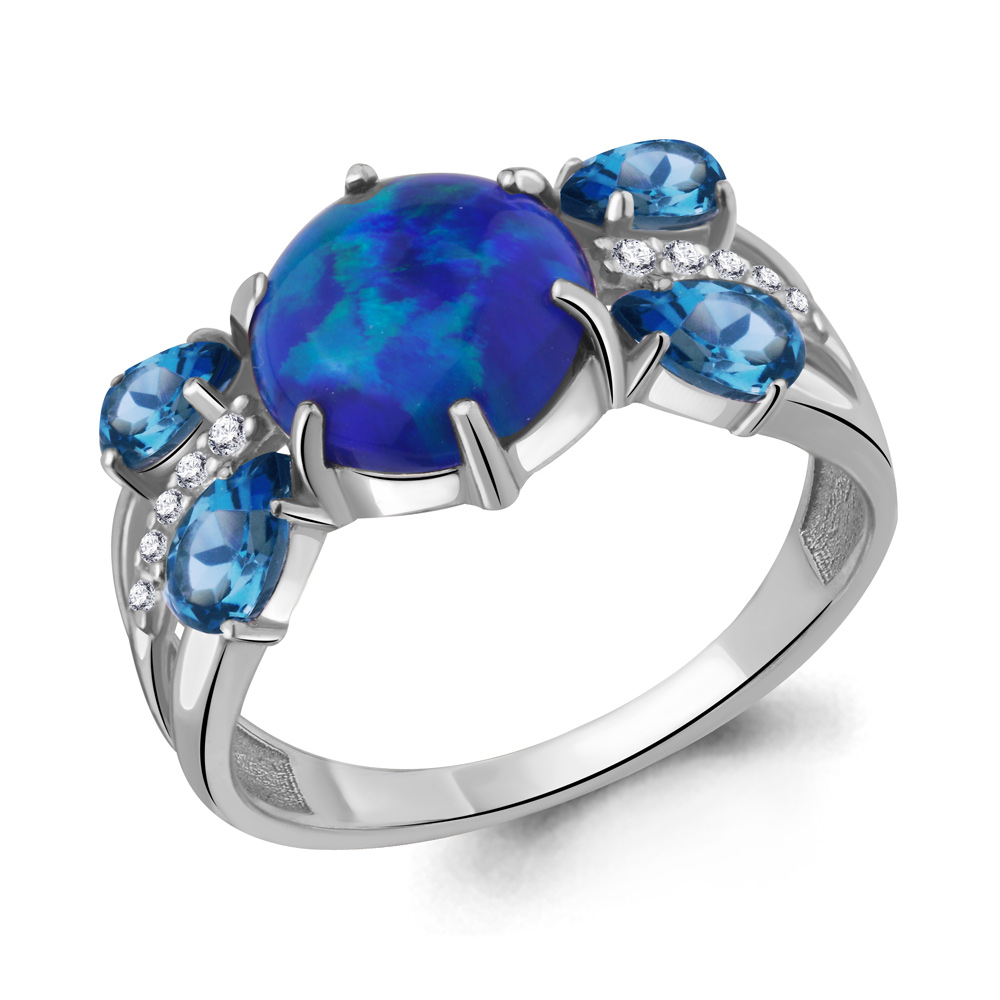 6900495А Кольцо из Серебра с опалом иск., топазами лондон блю, фианитами
