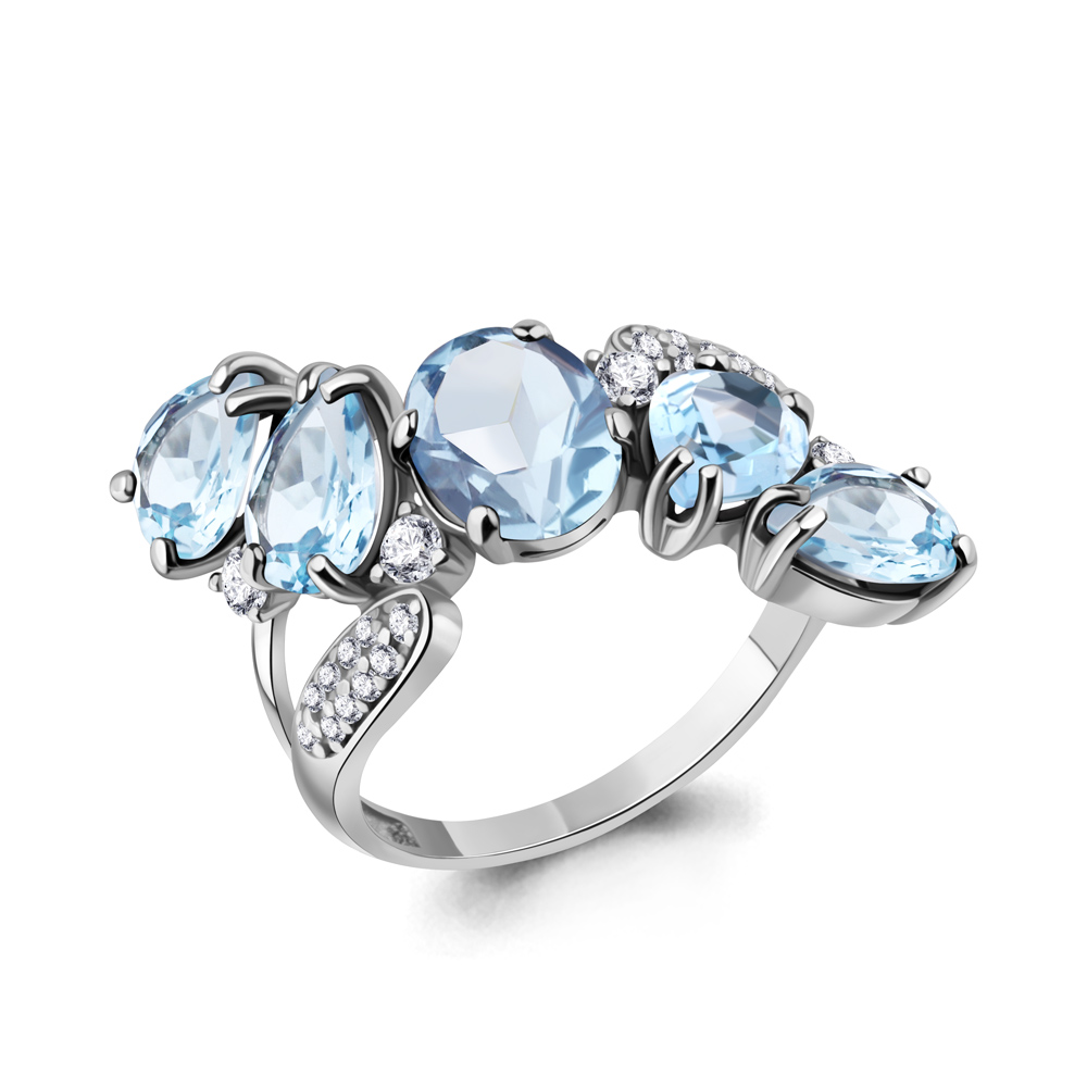 6904402А Кольцо из Серебра с топазами скай блю, фианитами
