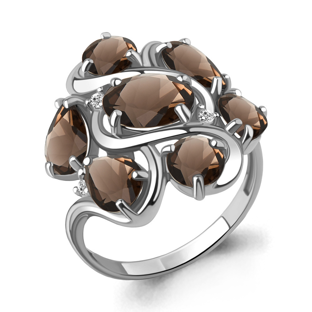 6904801 Кольцо из Серебра с кварцами дымчатыми, фианитами