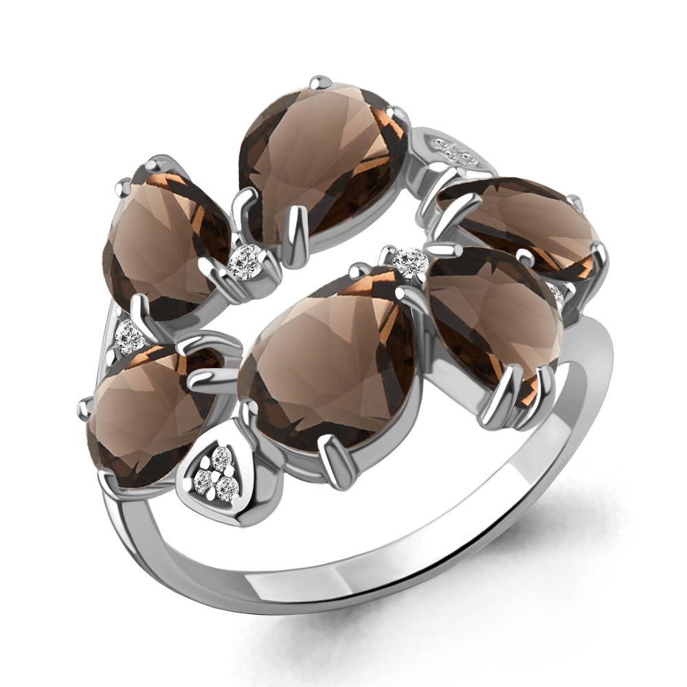 6905201А Кольцо из Серебра с кварцами дымчатыми, фианитами