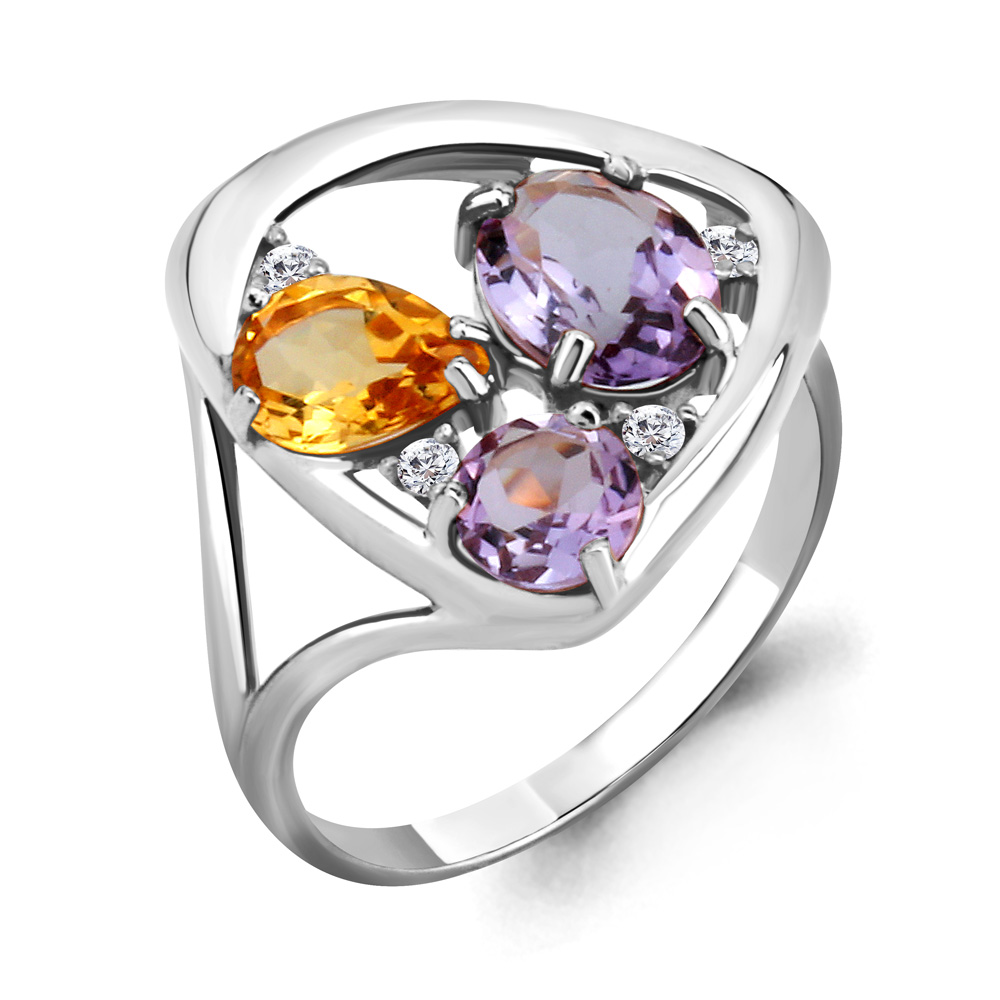 6905475А Кольцо из Серебра с аметистами, фианитами, цитрином