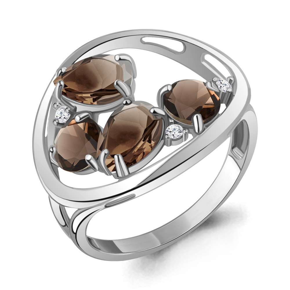 6905801А Кольцо из Серебра с кварцами дымчатыми, фианитами