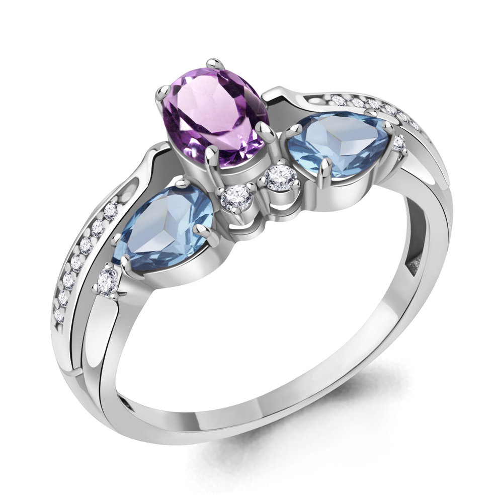 6906630А Кольцо из Серебра с аметистом, топазами свисс блю, фианитами