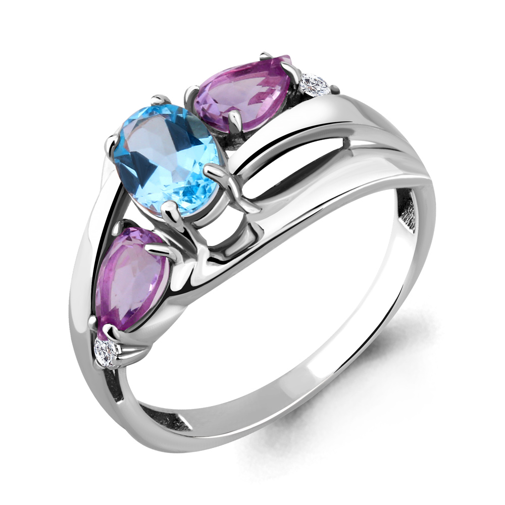 6906830А Кольцо из Серебра с аметистами, топазом свисс блю, фианитами