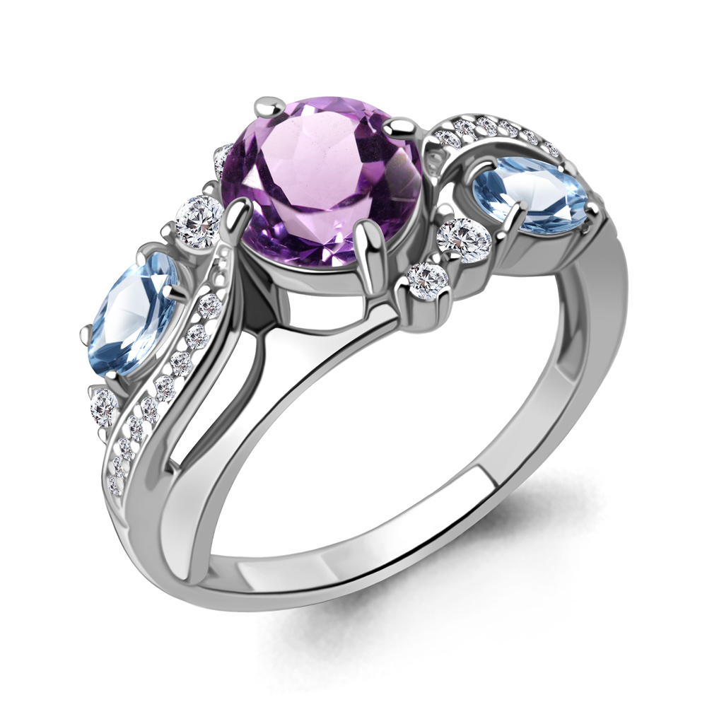 6906930А Кольцо из Серебра с аметистом, топазами свисс блю, фианитами