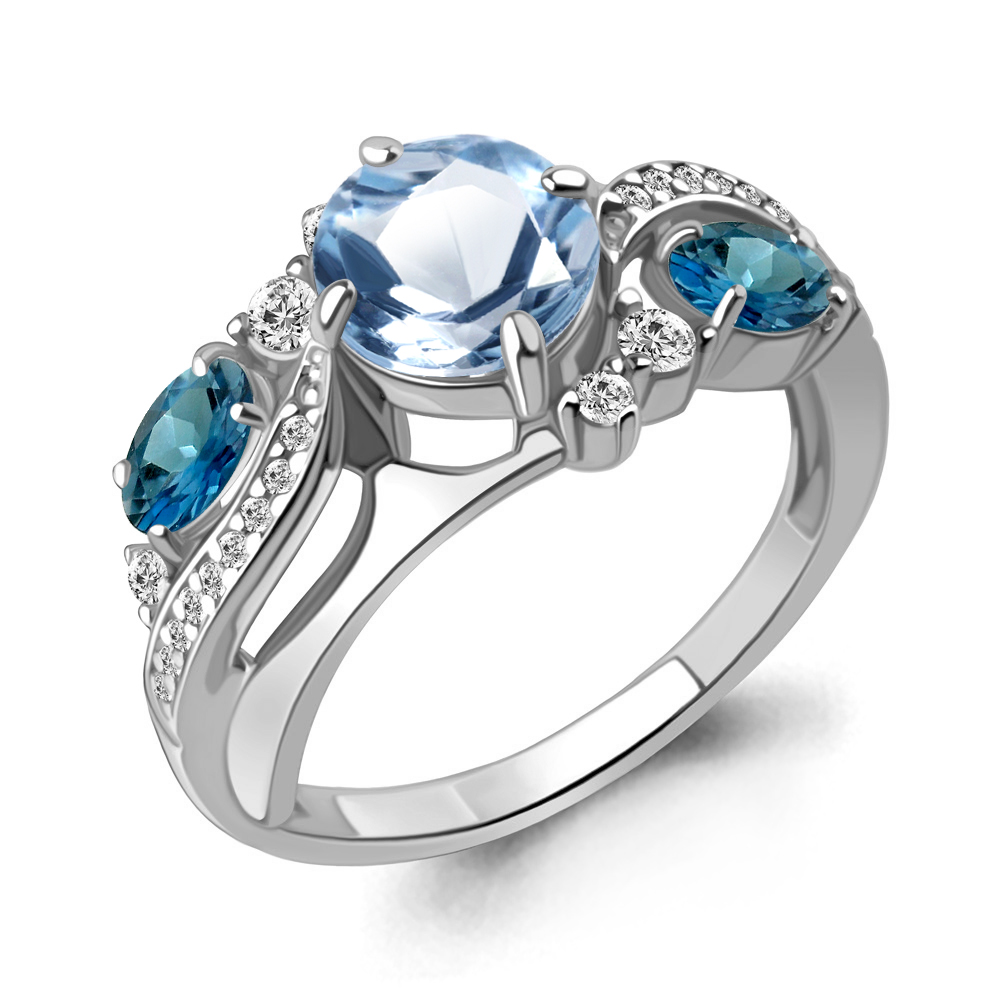 6906962А Кольцо из Серебра с топазами лондон блю, топазом свисс блю, фианитами