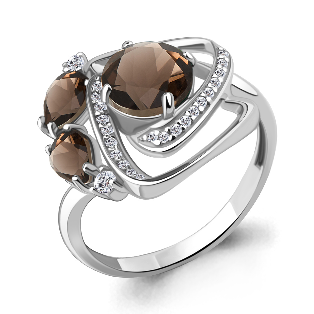 6907801А Кольцо из Серебра с кварцами дымчатыми, фианитами