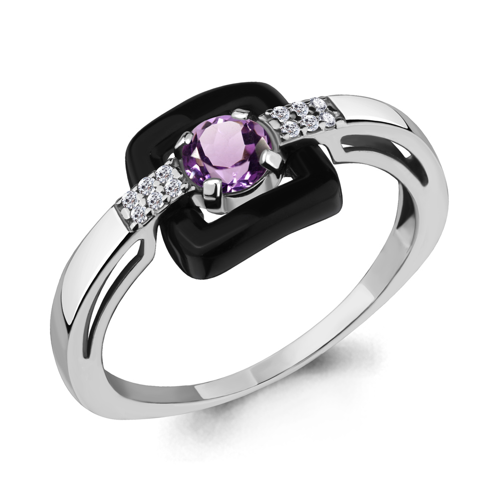 6910604А Кольцо из Серебра с аметистом, керамическим покрытием, фианитами из коллекции "Neo"