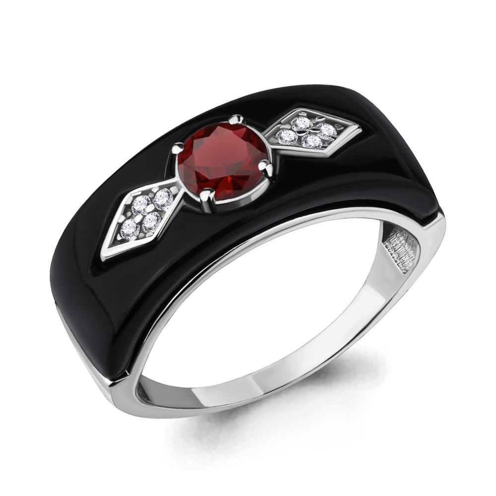 6910903А Кольцо из Серебра с гранатом, керамическим покрытием, фианитами из коллекции "Neo"