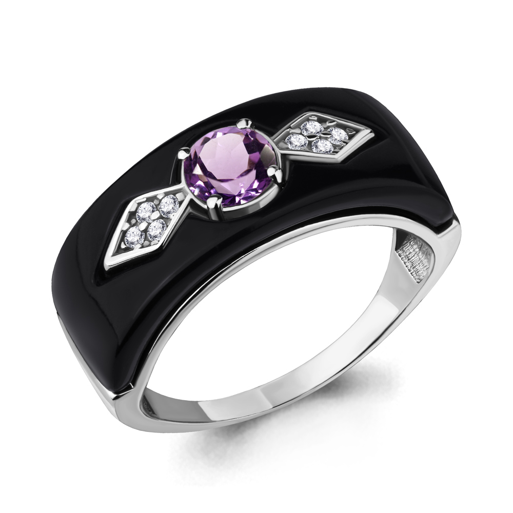 6910904А Кольцо из Серебра с аметистом, керамическим покрытием, фианитами из коллекции "Neo"