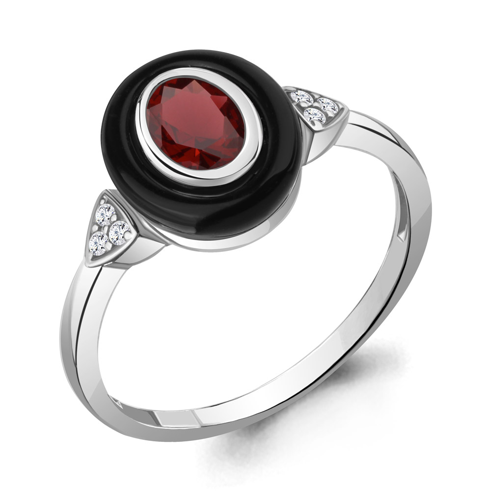 6911103А Кольцо из Серебра с гранатом, керамическим покрытием, фианитами из коллекции "Neo"