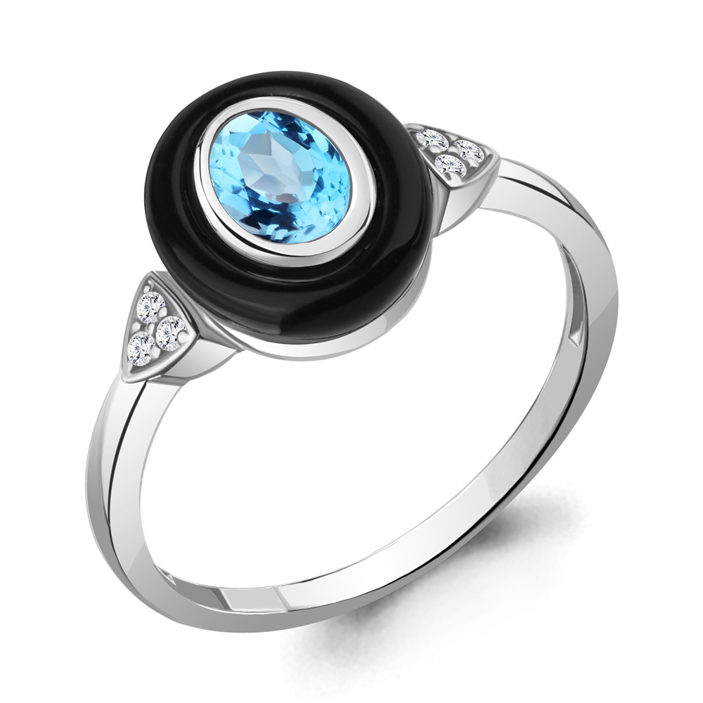 6911105А Кольцо из Серебра с керамическим покрытием, топазом свисс блю, фианитами из коллекции "Neo"
