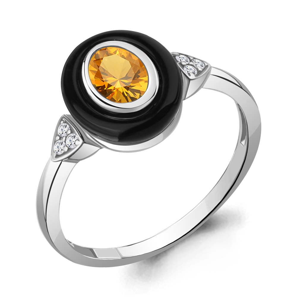 6911106А Кольцо из Серебра с керамическим покрытием, фианитами, цитрином из коллекции "Neo"