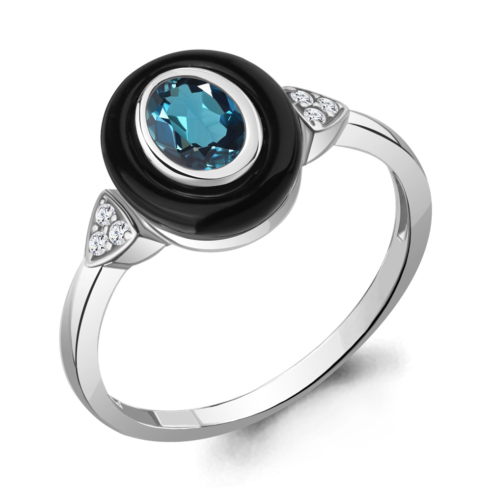6911108А Кольцо из Серебра с керамическим покрытием, топазом лондон блю, фианитами из коллекции "Neo"