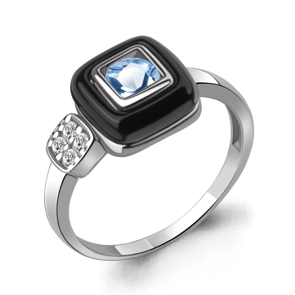 6911205А Кольцо из Серебра с керамическим покрытием, топазом свисс блю, фианитами из коллекции "Neo"
