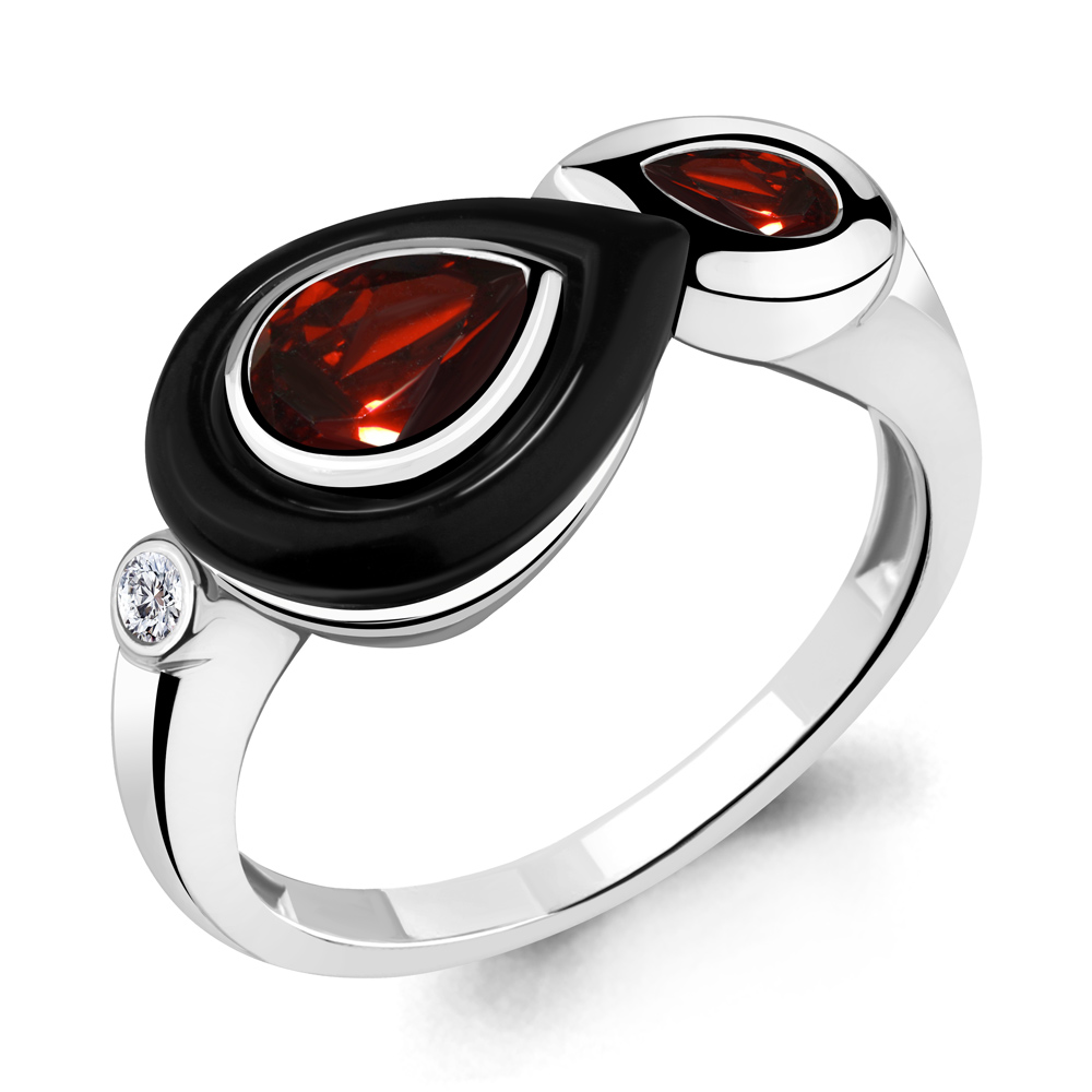 6911603А Кольцо из Серебра с гранатами, керамическим покрытием, фианитом из коллекции "Neo"