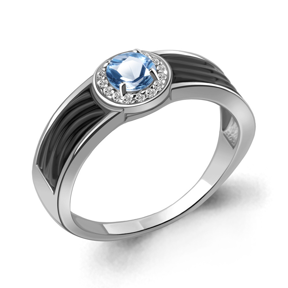 6911805А Кольцо из Серебра с керамическим покрытием, топазом свисс блю, фианитами из коллекции "Neo"