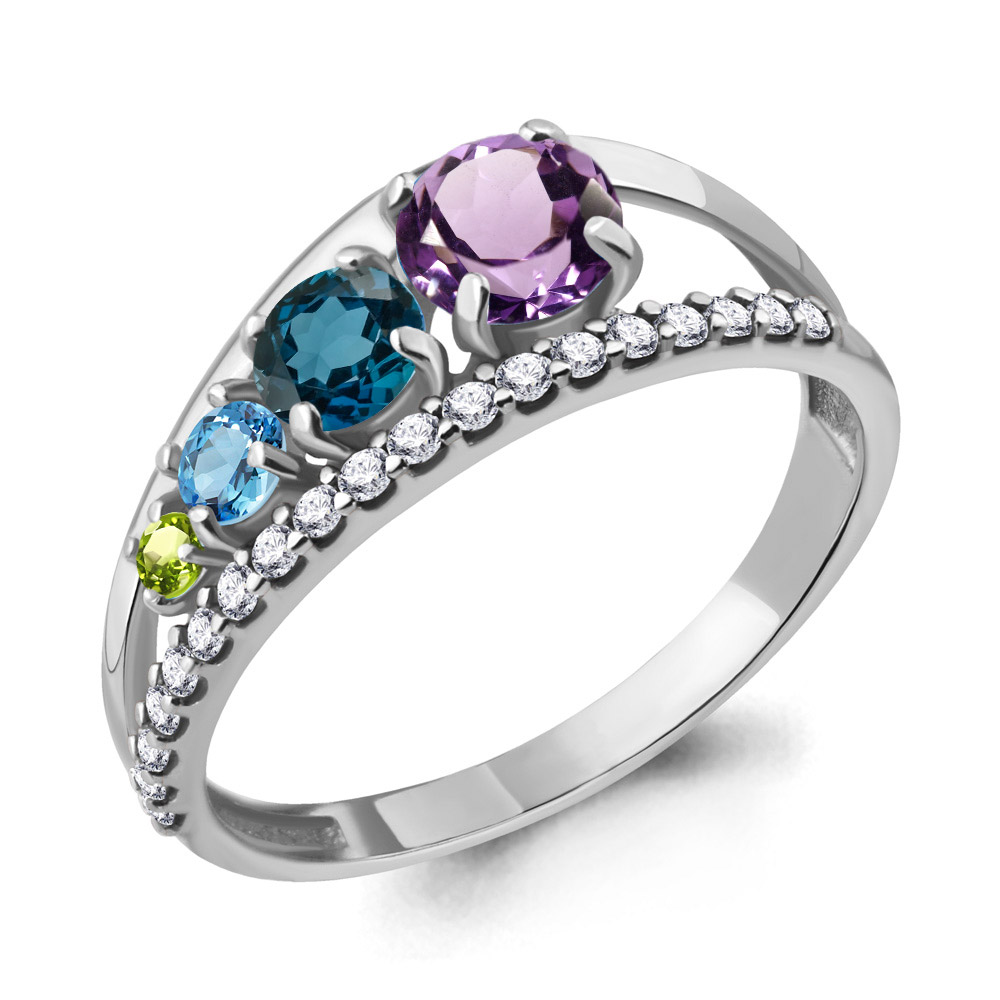 6913452А Кольцо из Серебра с аметистом, топазом лондон блю, топазом свисс блю, фианитами, хризолитом