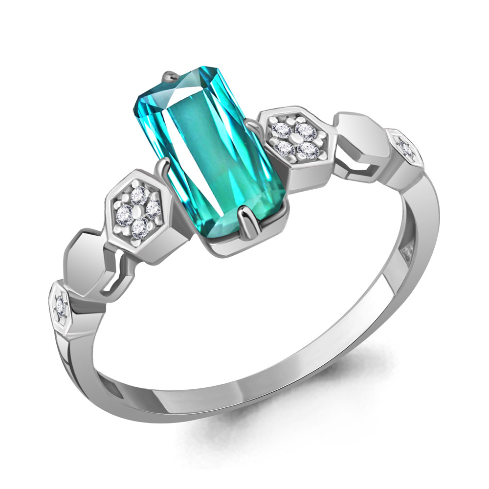 6914288А Кольцо из Серебра с нанотурмалином иск., фианитами из коллекции "Каприз"