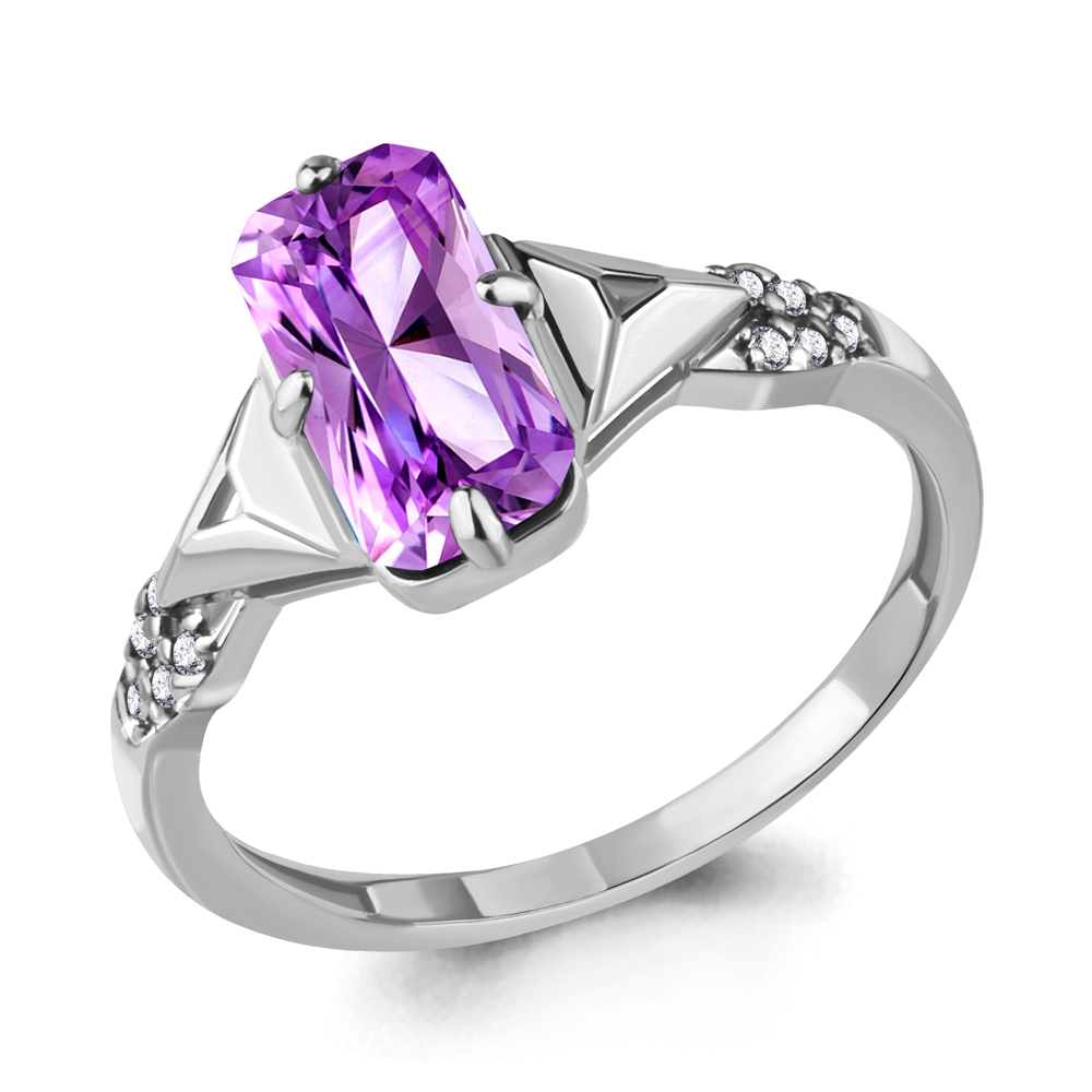 6914384А Кольцо из Серебра с наноаметистом иск., фианитами из коллекции "Каприз"