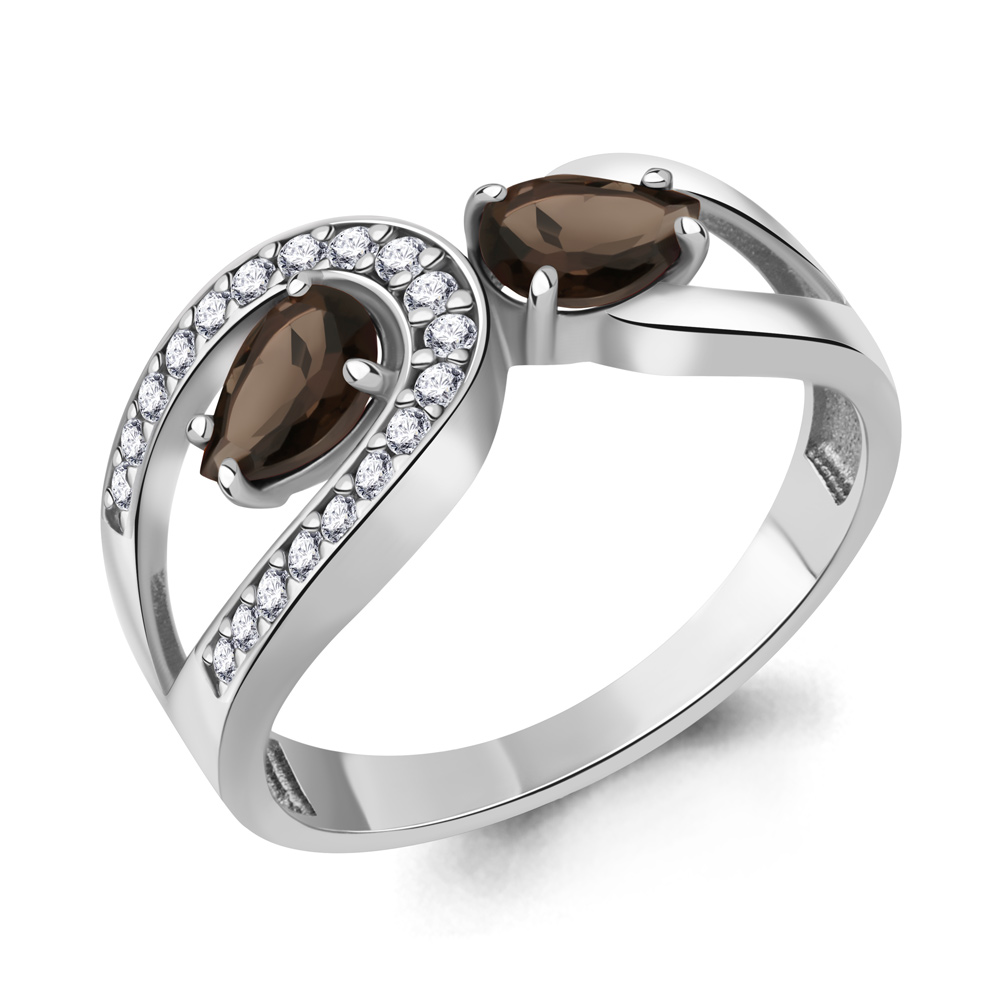 6917601А Кольцо из Серебра с кварцами дымчатыми, фианитами