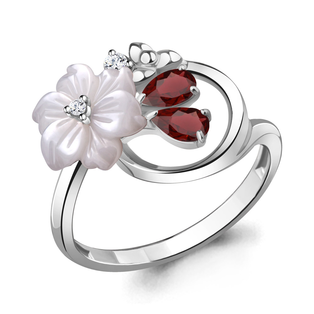 6927103А Кольцо из Серебра с гранатами, поделочным камнем, фианитами из коллекции "Жозефина"