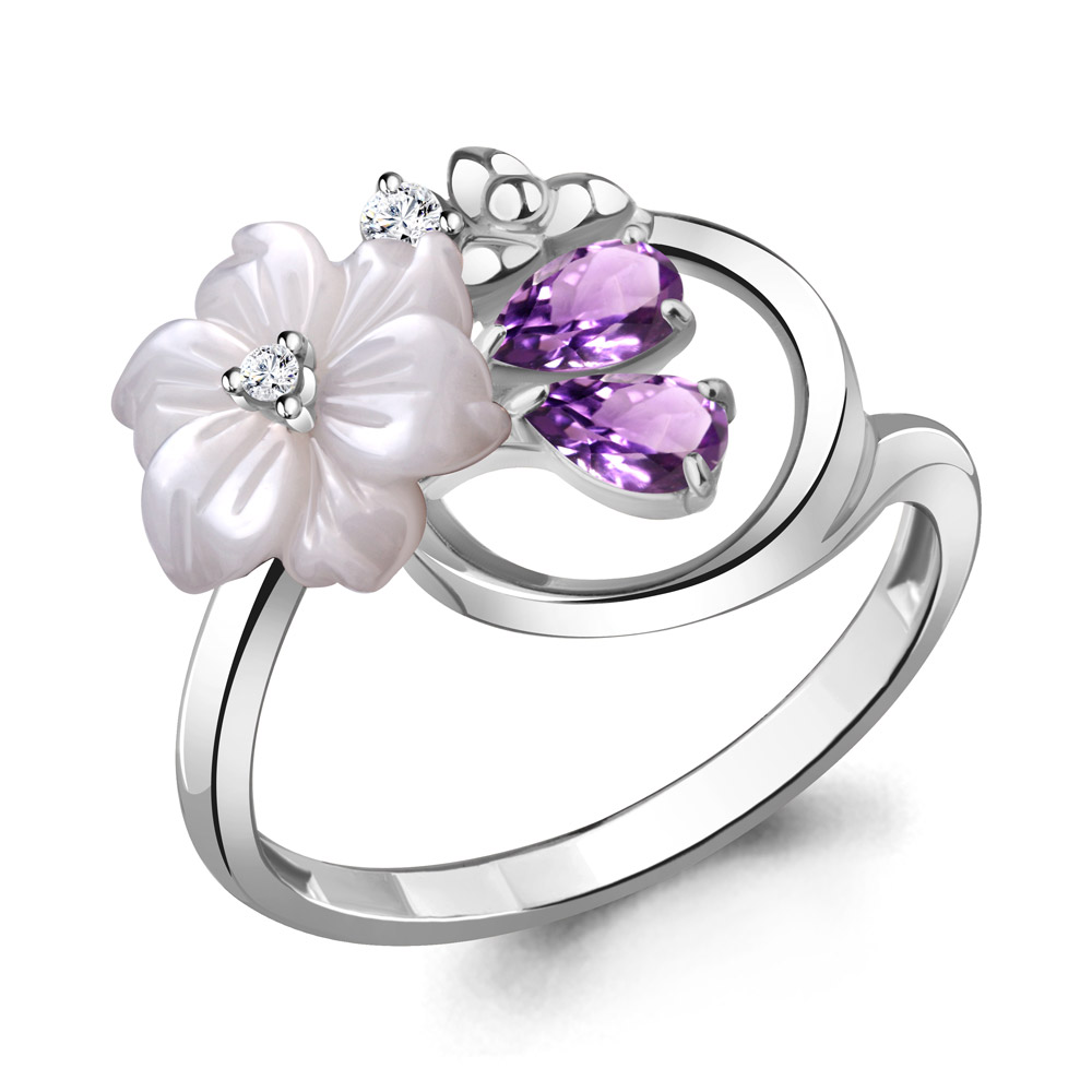 6927104А Кольцо из Серебра с аметистами, поделочным камнем, фианитами из коллекции "Жозефина"