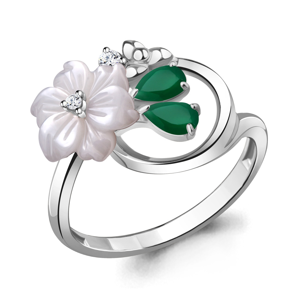 6927109А Кольцо из Серебра с агатами, поделочным камнем, фианитами из коллекции "Жозефина"