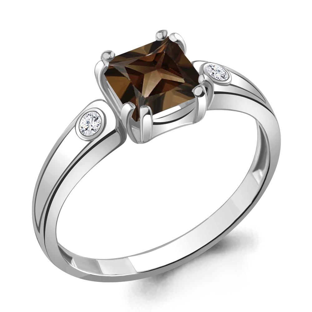 6927801А Кольцо из Серебра с кварцем дымчатым, фианитами