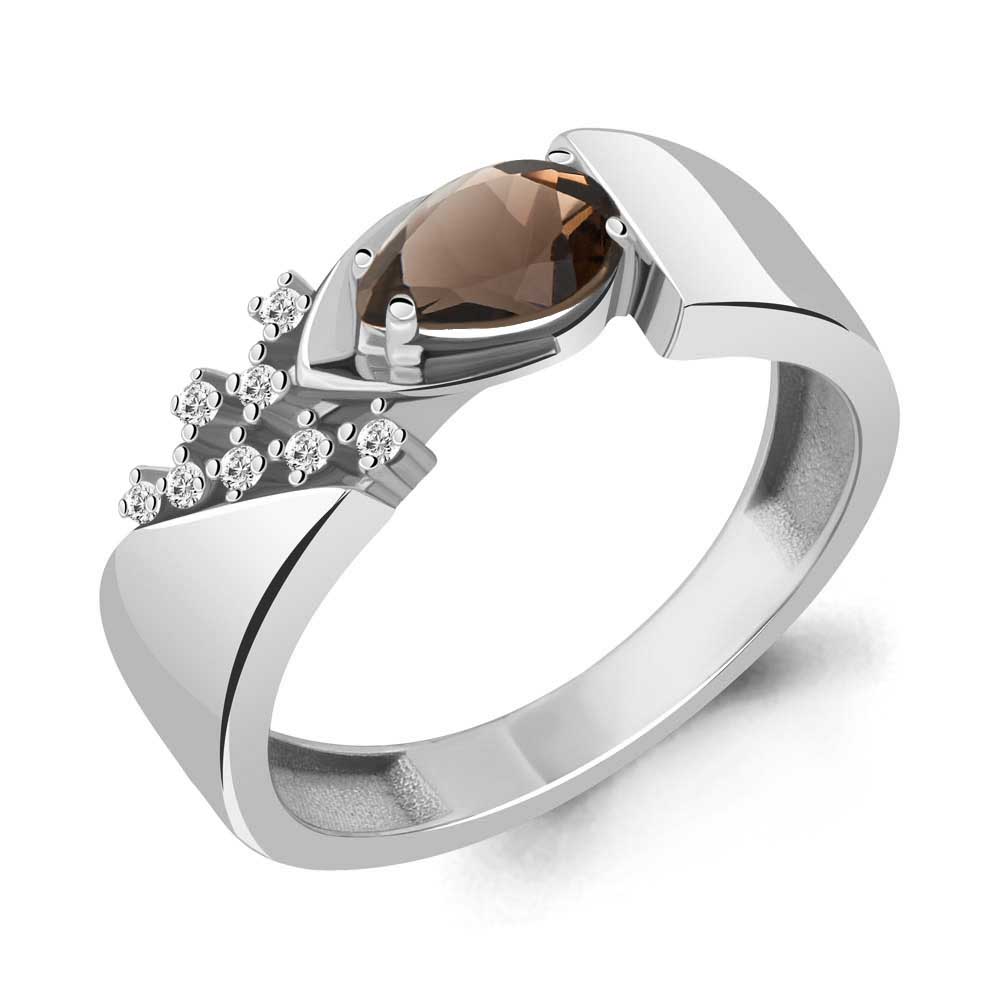 6939301А Кольцо из Серебра с кварцем дымчатым, фианитами