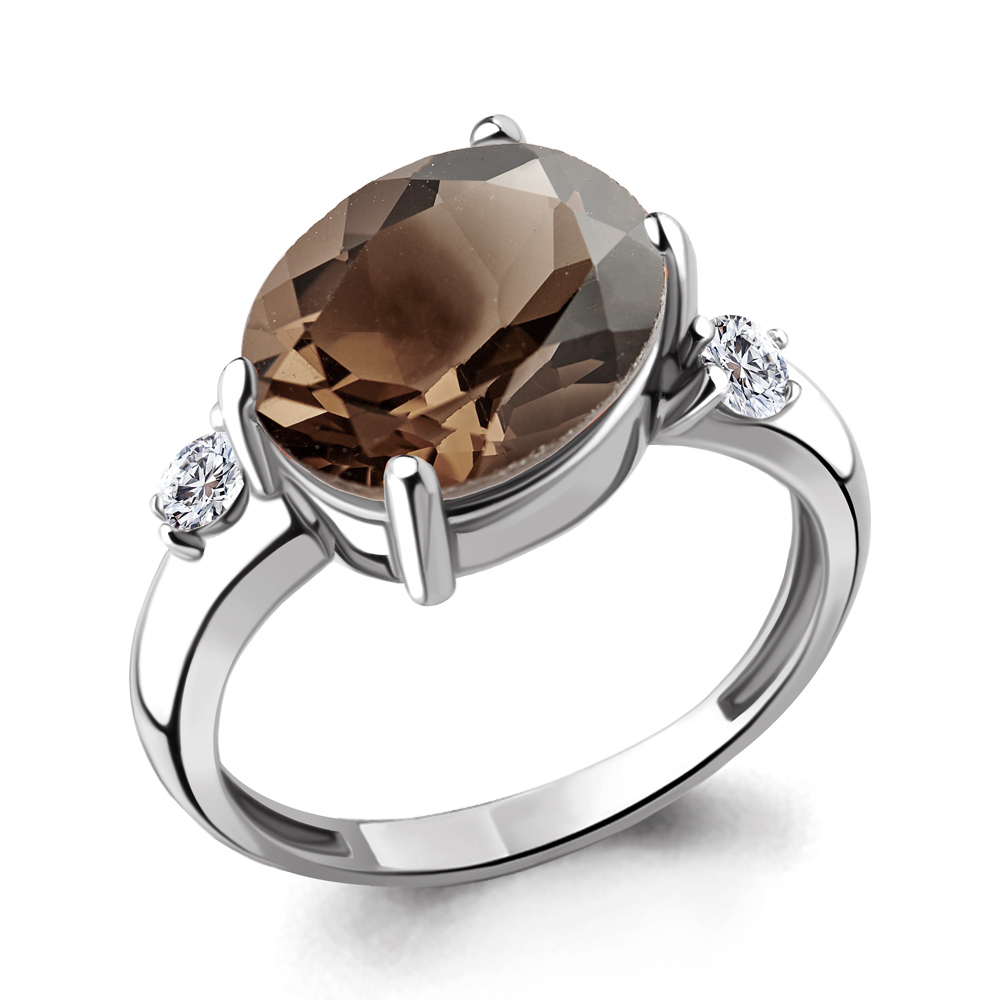 6943701А Кольцо из Серебра с кварцем дымчатым, фианитами