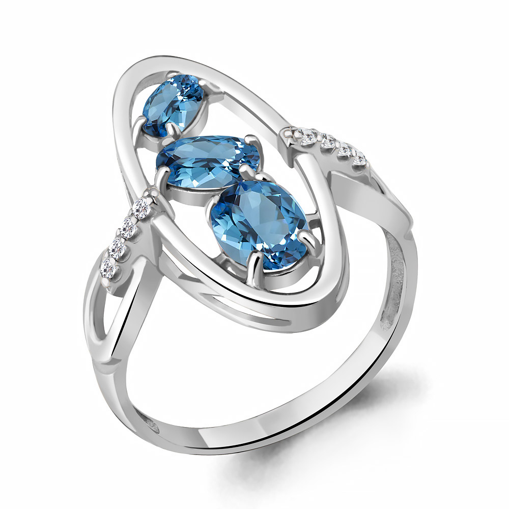 6951005А Кольцо из Серебра с топазами свисс блю, фианитами