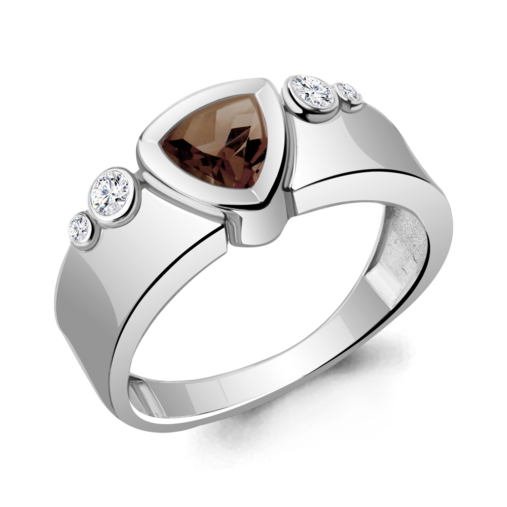 6960901А Кольцо из Серебра с кварцем дымчатым, фианитами