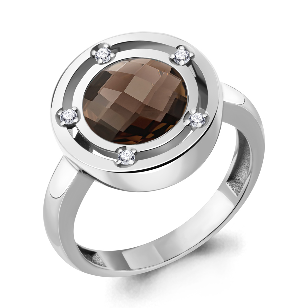 6961301А Кольцо из Серебра с кварцем дымчатым, фианитами